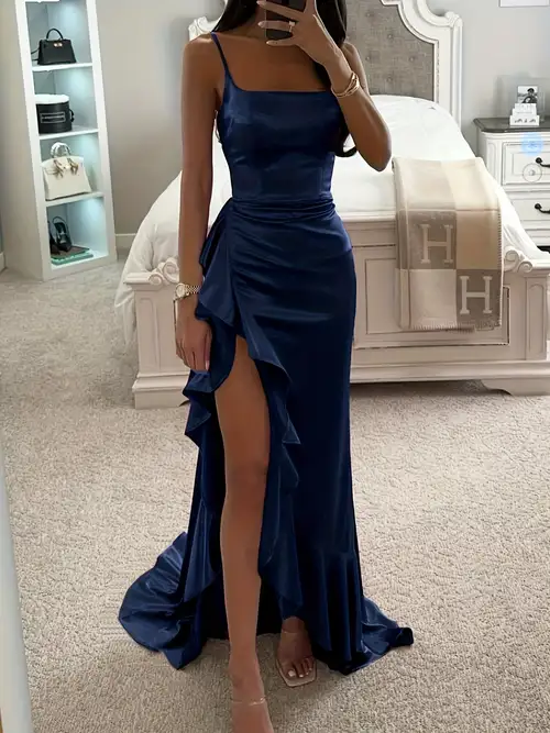 asymmetrical spaghetti strap dress Asymmetrical Spaghetti Straps Black Formal Dresses with Ruffle Side