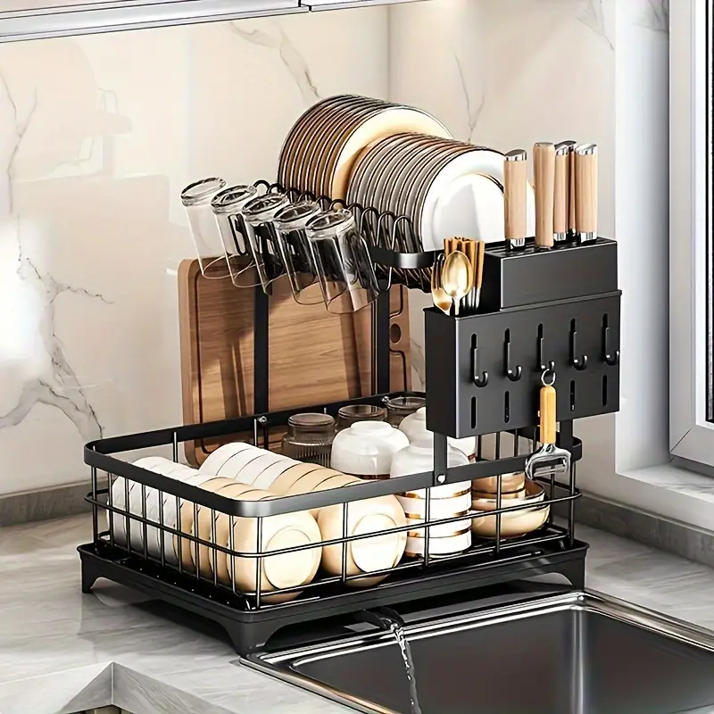 1 tier space saving kitchen dish drying rack with removable utensil holder cup holder large capacity drying rack with for kitchen sink counter Product details 0