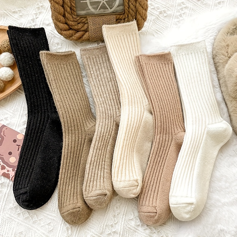 

6 Pairs Solid Ribbed Socks, Vintage Style Comfort Mid Tube Socks For Fall & Winter, Women's Stockings & Hosiery