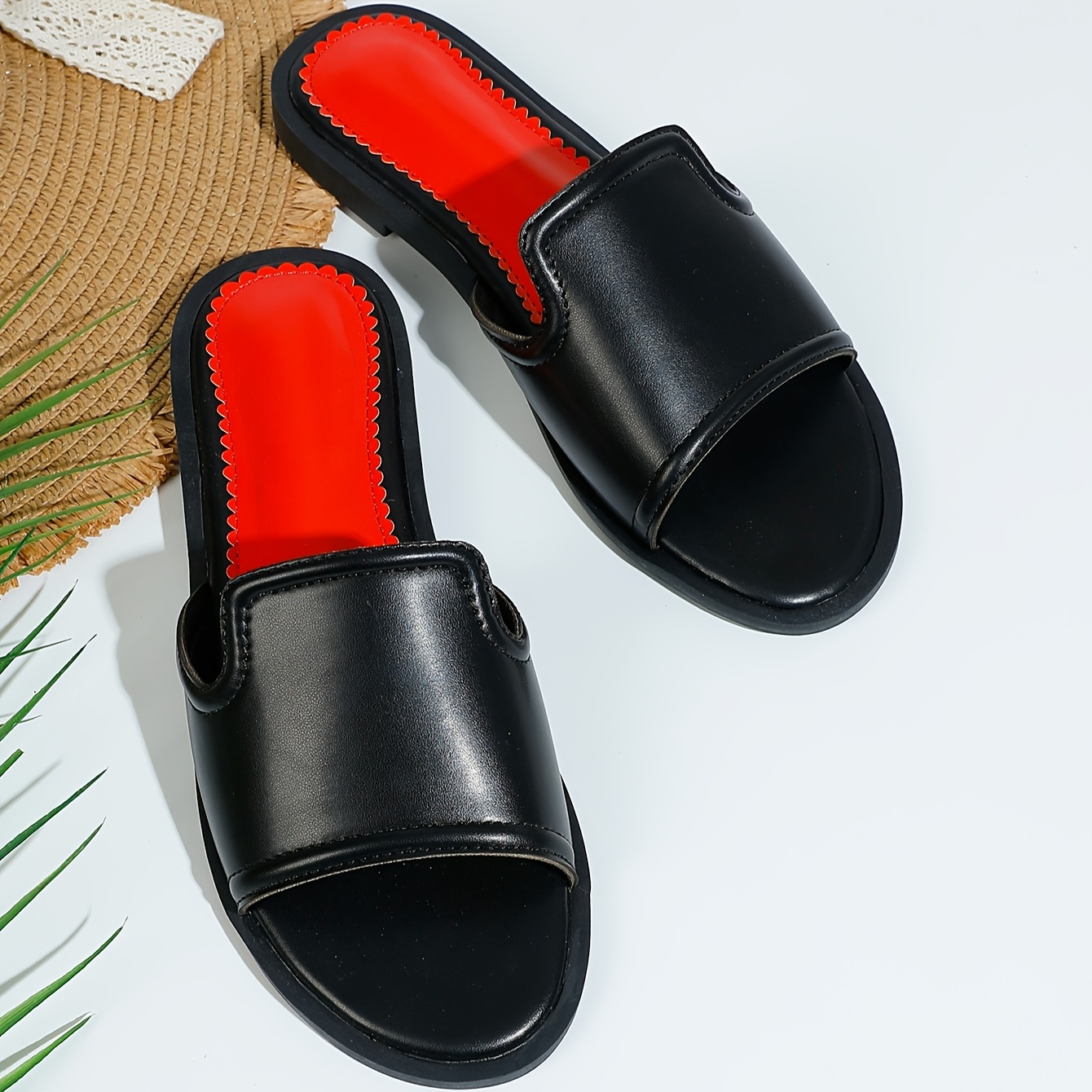 chic womens black slide sandals red accents casual round toe  display picture 1