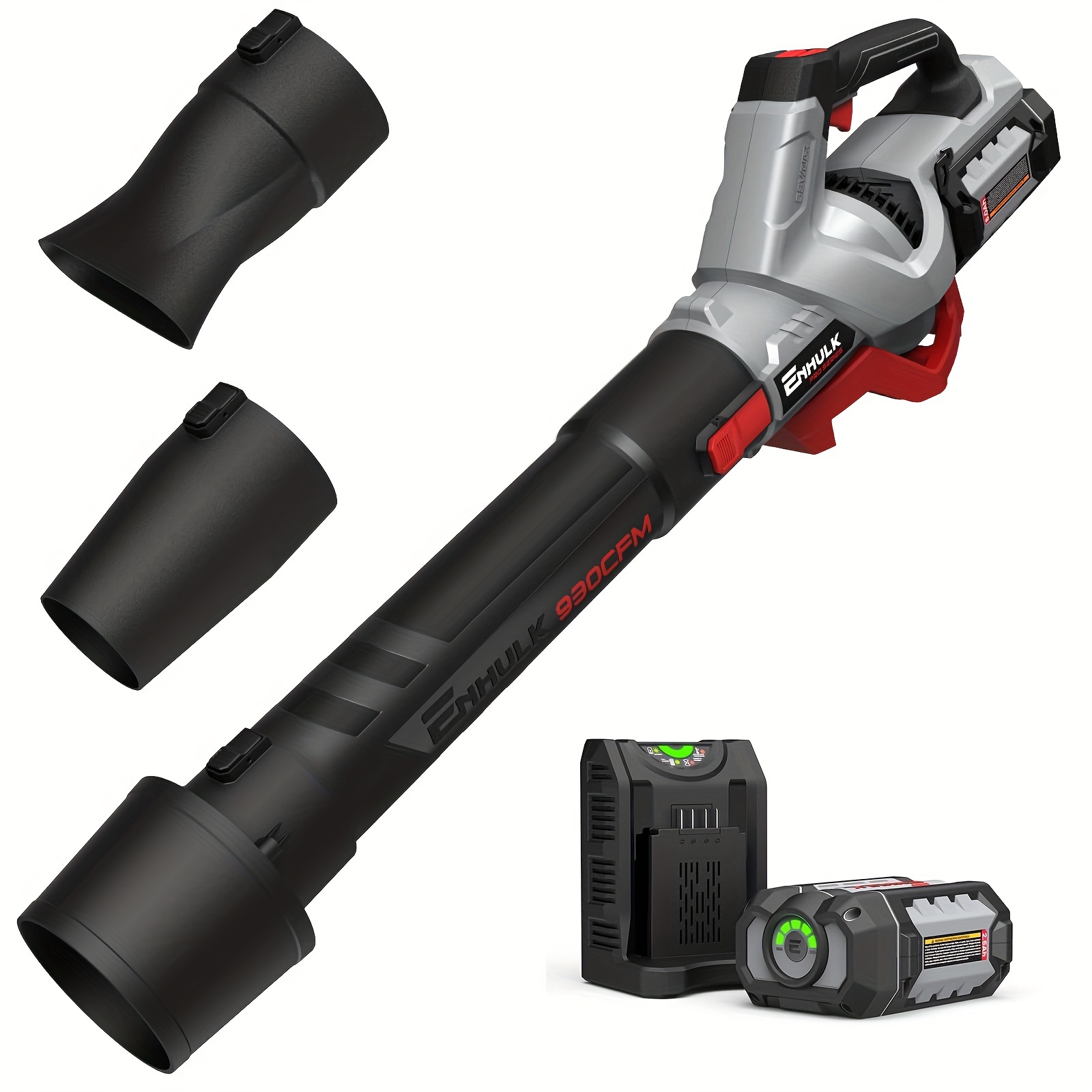 

Cordless Leaf Blower, 58v High-performance Blower, 930 Cfm Max , Brushless Motor, , Turbo Settings, Technology, 3 Nozzles, Includes 5.0ah Battery And Charger.