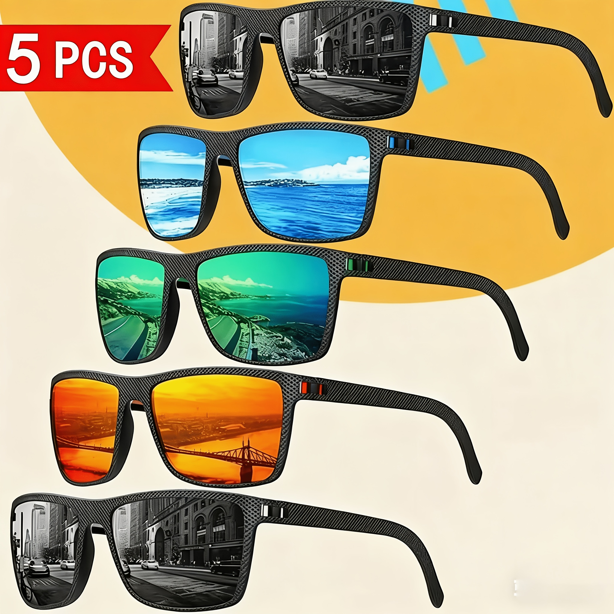 Image of New 5pcs Set Fashion Eyeglasses For Men And Women, Classic Square Designer Sunglasses, Tac Hd Material Lenses, Suitable For Daily Casual Wear, Durable , Colors , Stylish Eyewear