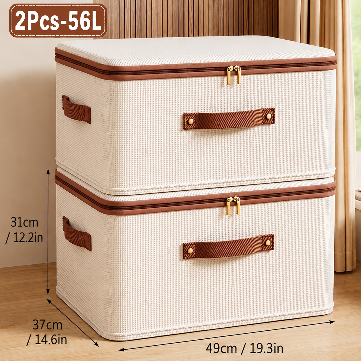 TEMU Lot de 2 boîtes de rangement pliables en lin avec double fermeture éclair et poignée en simili-cuir, panier de rangement sous-lit grande avec