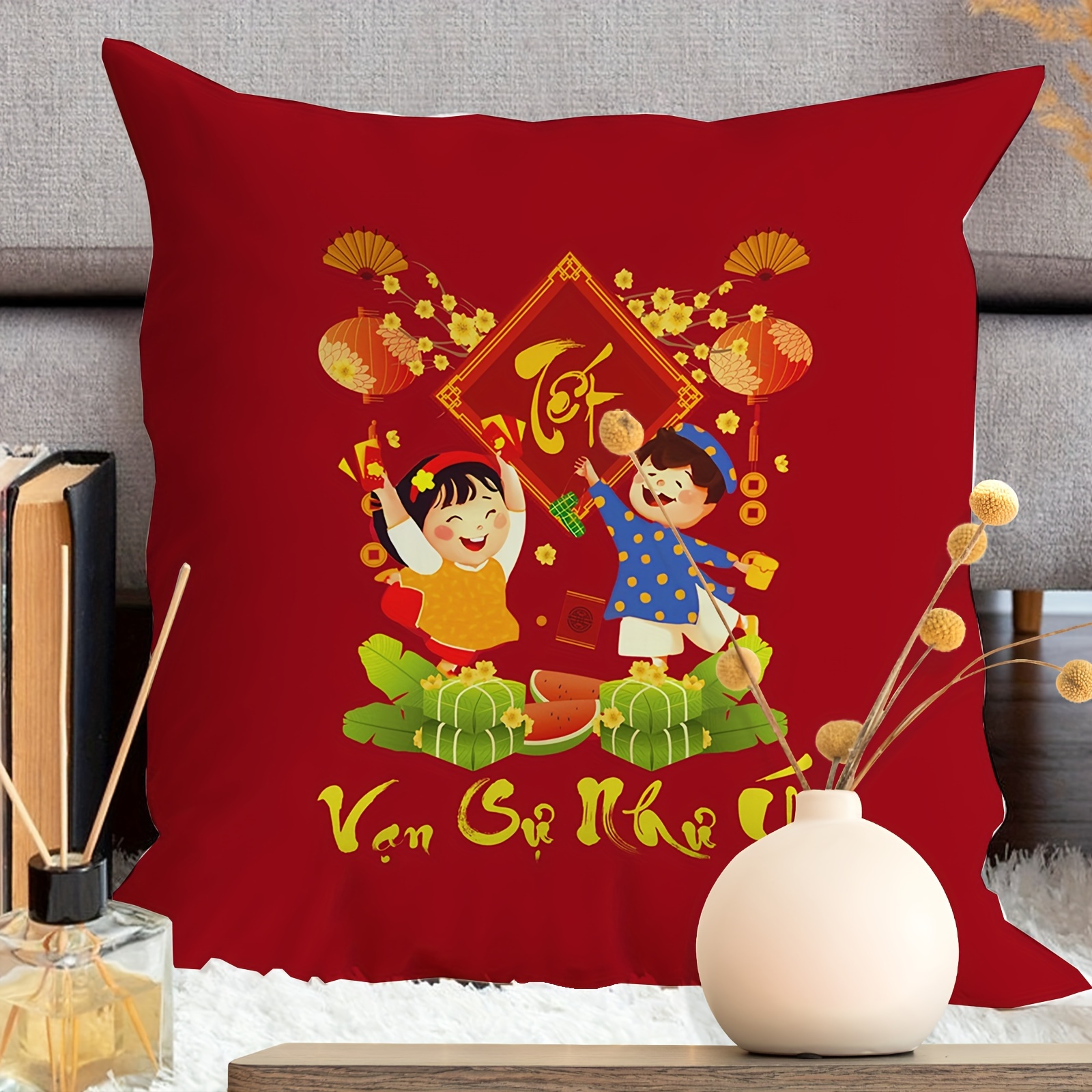 

1pc Velvet Pillowcase Happy New Year Lantern Pattern Pillowcase, Bohemian Style Pillowcase, Single Sided Printing, Suitable For Sofa, Living Room, Bedroom Home Decoration, No Pillow Cartoon Red