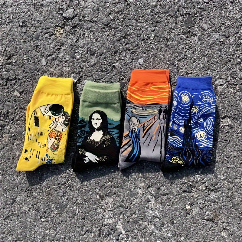 

Men's 4- Crew Socks, Famous Paintings Cotton Knit, Hand Wash Only, 70% Cotton 30% Polyester, Comfortable Patterned Dress Socks