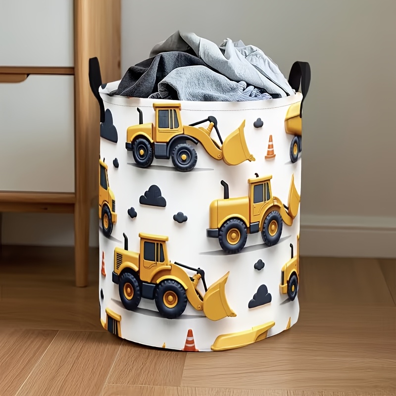 TEMU 1pc Construction Vehicle Excavator Design Foldable Laundry Basket, Circular Shower Basket Suitable For Bathroom And Bedroom, Used For Wardrobe