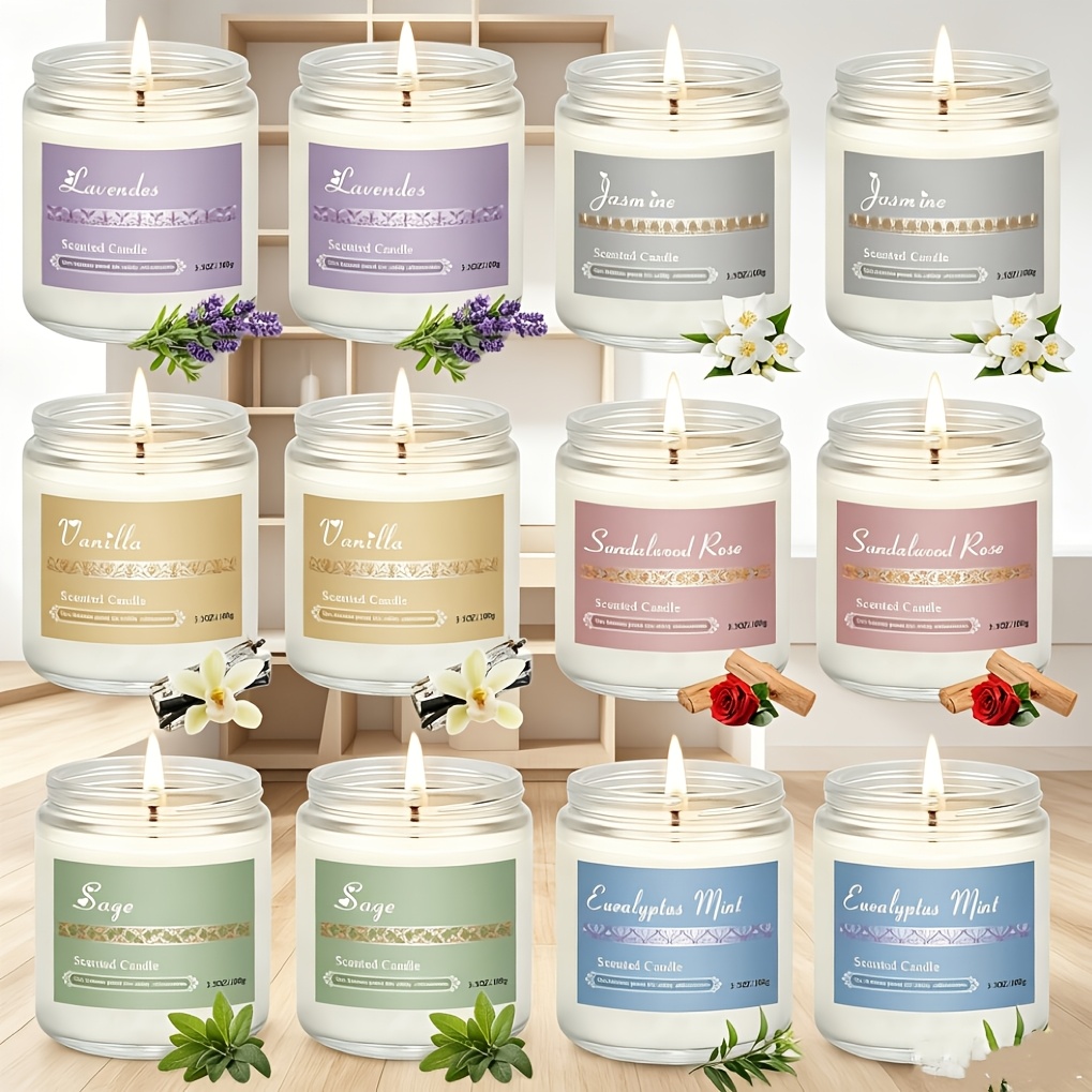 TEMU 12-pack Household Glass Scented Candles (jar Style), Lavender And 6 Other Fragrance Varieties Gift Set, Women's Gifting Option With Long-lasting