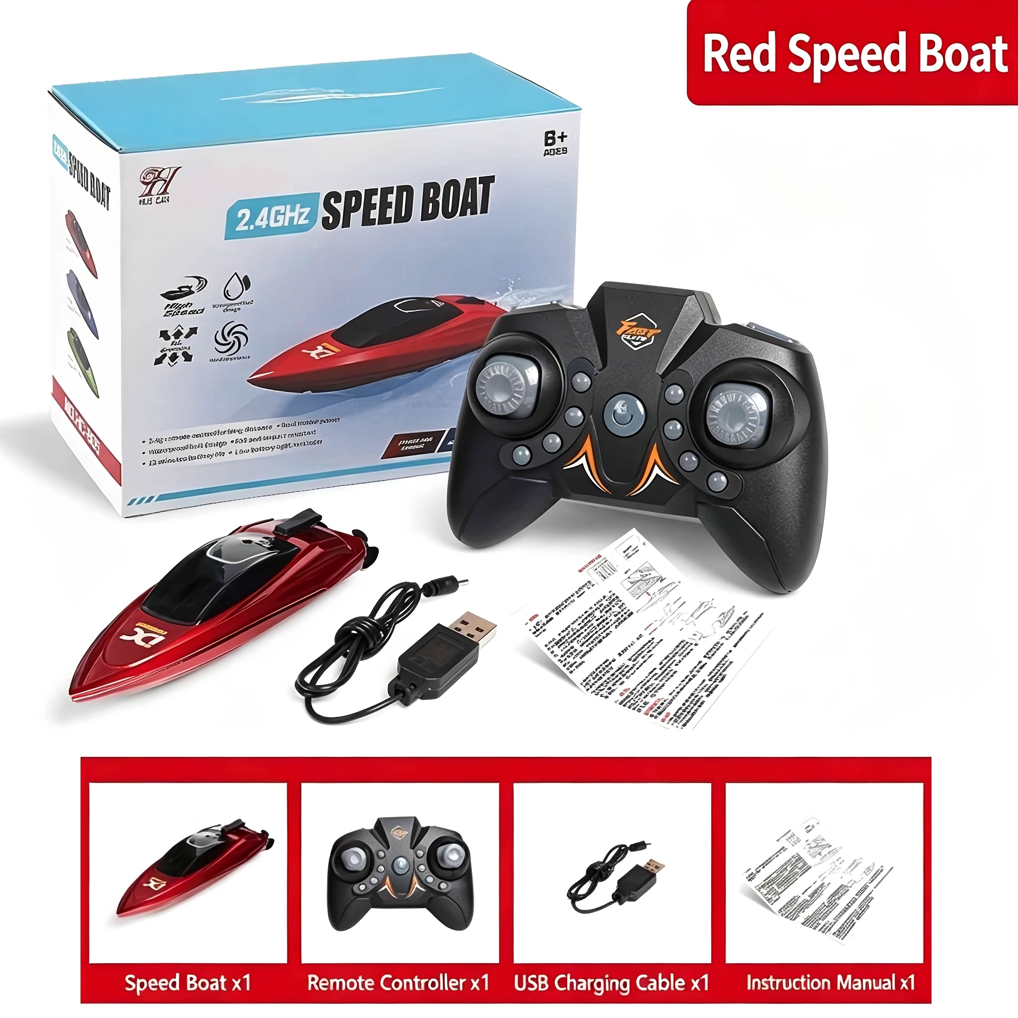 TEMU Party Summer Racing Boat, Mini Remote Control Boat, 2.4g 4-channel Rc Boat, Led Sports Boat, Lightweight , Durable Hull, Plastic Remote Control, Play Toy, Outdoor Pool