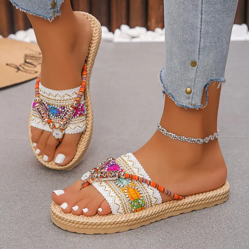 womens elegant and fashionable ethnic style flat sandals with colorful patterns slip on open toe fabric upper and inner eva sole eva insole Product details 1