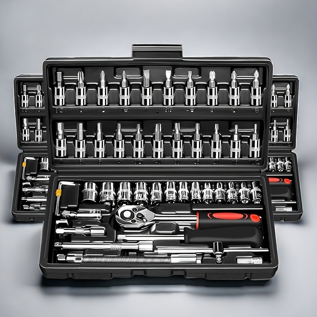 

46pcs Tool Kit With 1/4" Drive, Ratchet Wrench Set, Metric Sockets & Extension Bars - Ideal For Diy Projects On Cars, Motorcycles, Bikes & Furniture, Car Repair Tool Kit