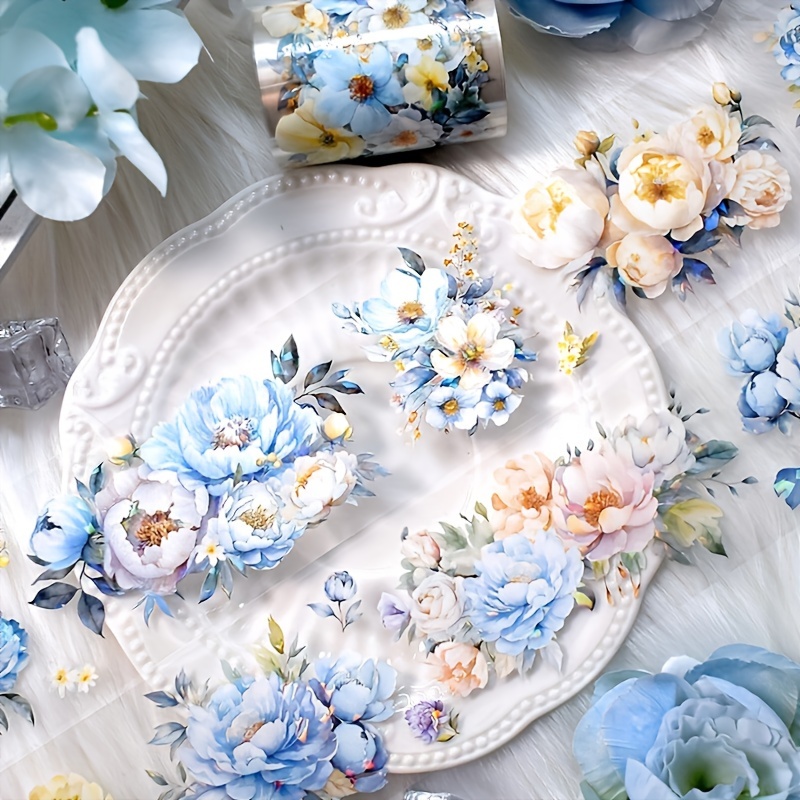 

Blue Floral Shell Glossy Pet Decorative Tape Roll, Vintage Sticker Scrapbook Stationery Planner Accessories - 2m/78.74inch Length