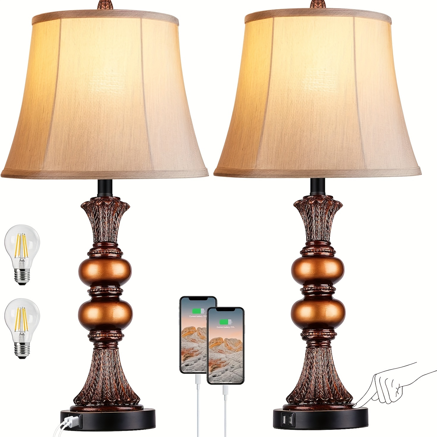 

Set Of 2 Traditional Table Lamp, 27"h Bedside Lamps With 2 Usb Charging , 3-way Dimmable Bronze Large Nightstand Lamps Silk Shade For Living Room, Bedroom