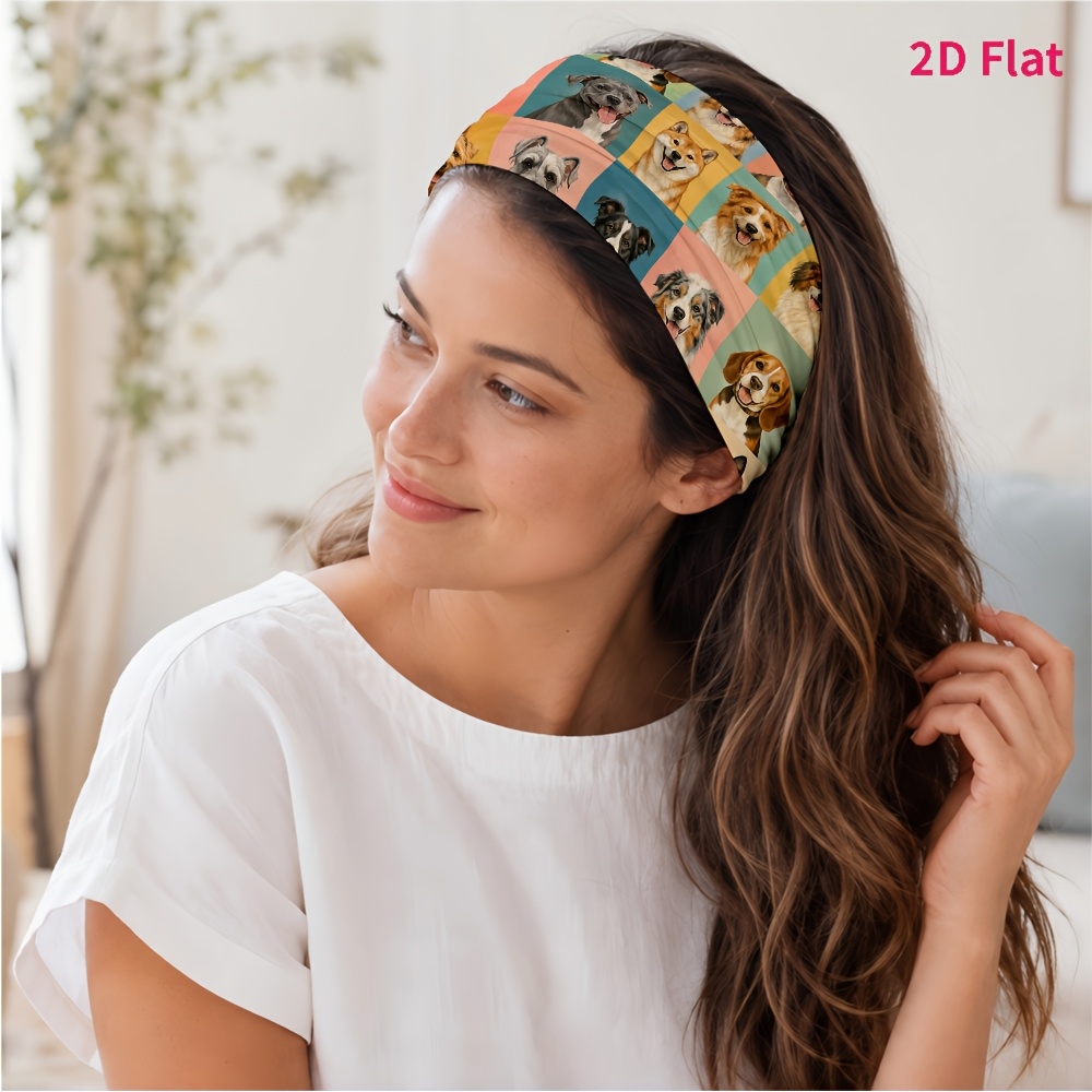 TEMU 2d Flat 1pc New Style Hair Band, Multicolor Dog Portrait Collage Pattern, Suitable For Yoga/sports/daily /skincare, Photo /outing, Fashionable