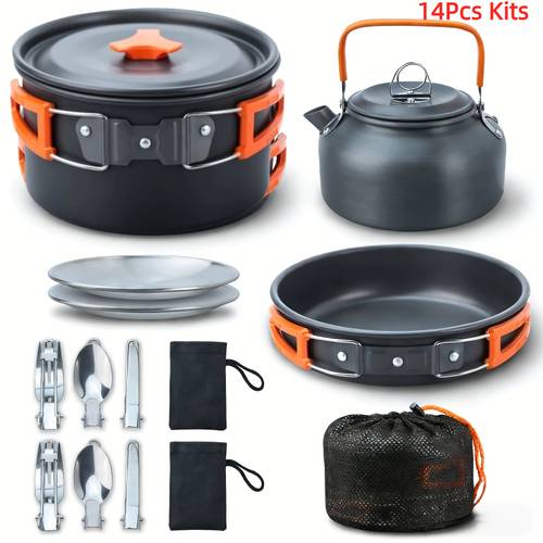 8 14pcs camping cookware mess kit portable non stick aluminum alloy cookware kettle pot frying pan plates forks knives spoons for camping backpacking outdoor cooking