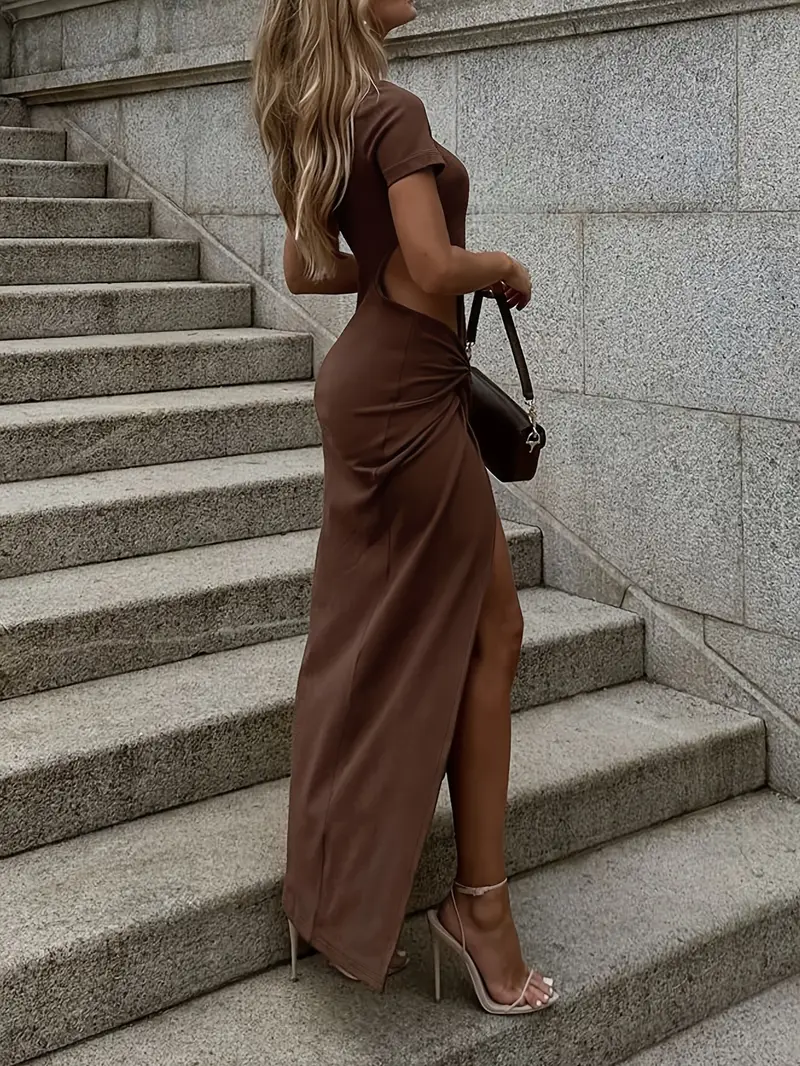 high slit dress casual Pariaura Women's Vacation Casual Printed Halter Backless High Slit Dress Beach Vacation Dress