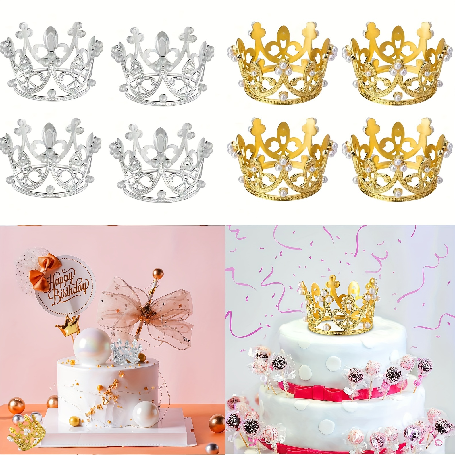 

4pcs Mini Pearl Crown Cake Toppers - Elegant Decorations For Birthday, Wedding & Baby Showers, No Electricity Required, Featherless - Versatile Use For Flower Arrangements & Party Gifts