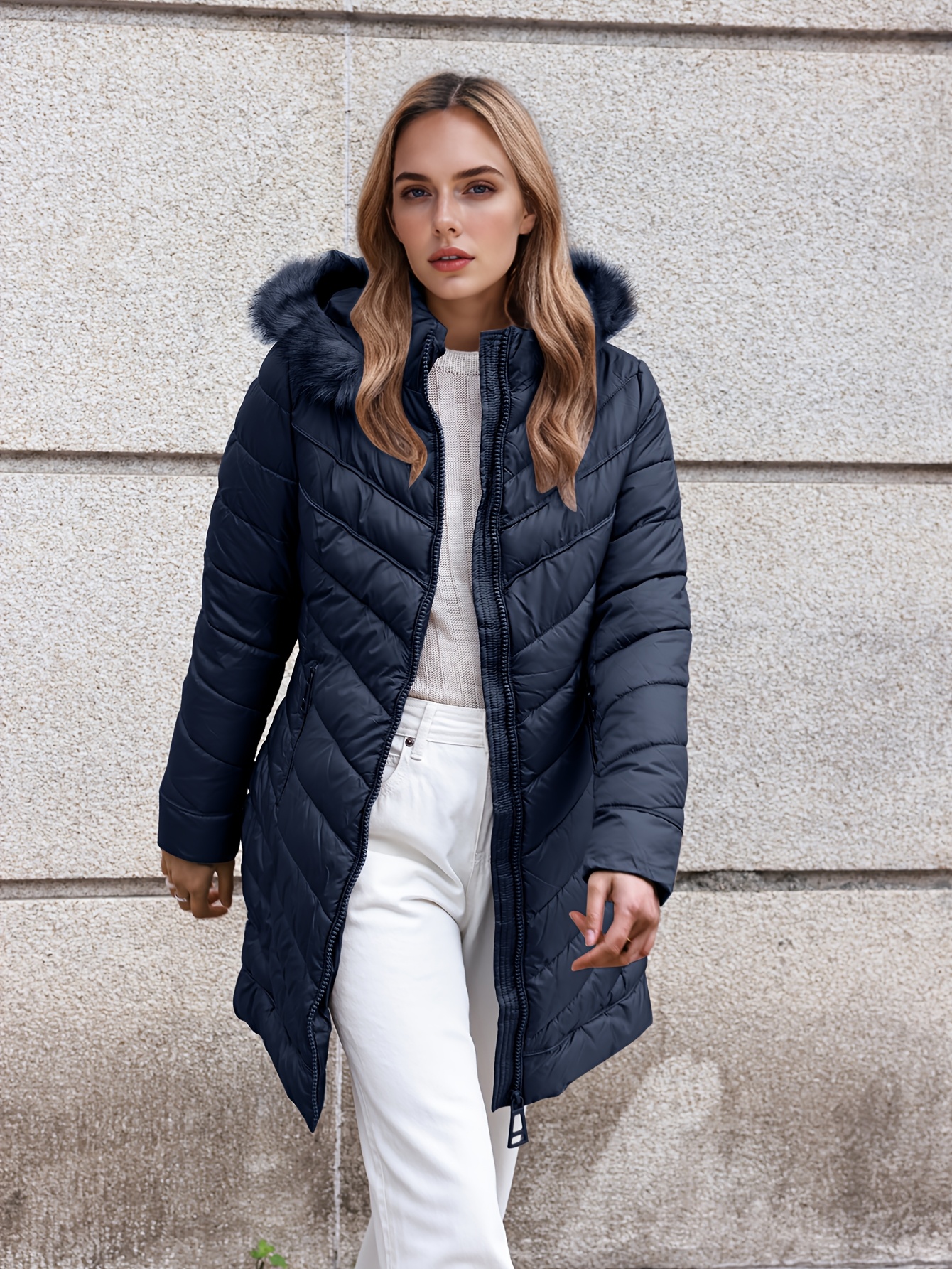 Manteau Femme Hiver – Gris Laine Avec Doublure Bleu Ciel – Taille M – Occasion Très Bon État