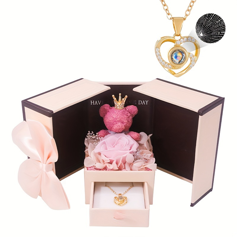 

Elegant Rose & Bear Flower Gift Box With Synthetic Stone, Copper Heart Pendant Necklace, Ideal For Birthday, Christmas, Valentine's Day, Thanksgiving - Party & Gift Accessory