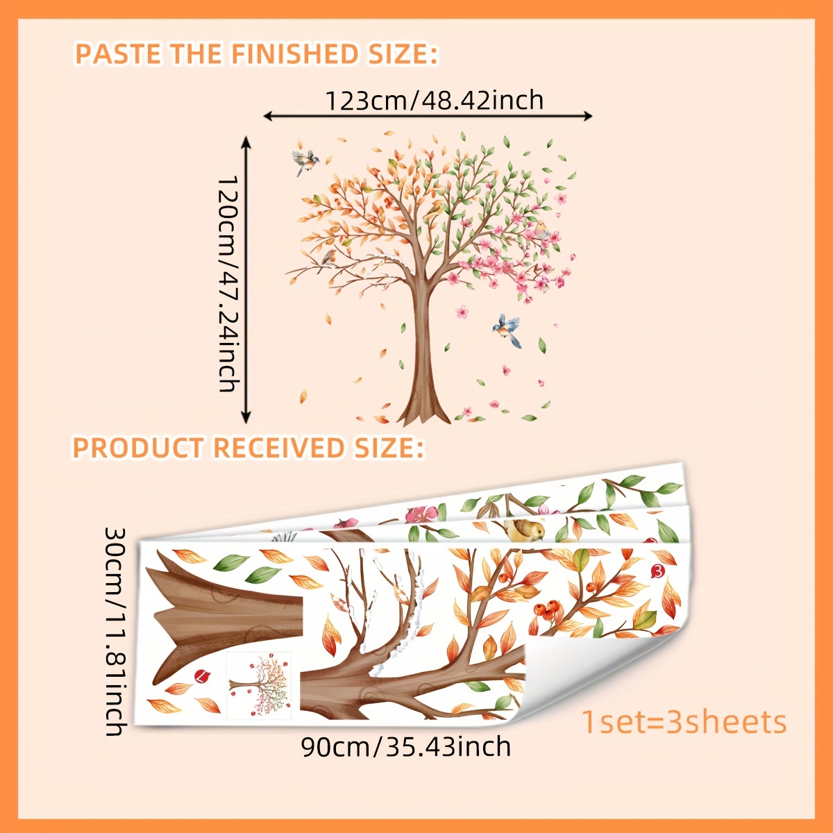 Image of A Set Of 3pcs, 30*90cm*3pcs, Tree And Bird Wall Stickers, Self-adhesive Decals For Living Room, Bedroom, Sofa Background Wall Decor, Ms2515-kq