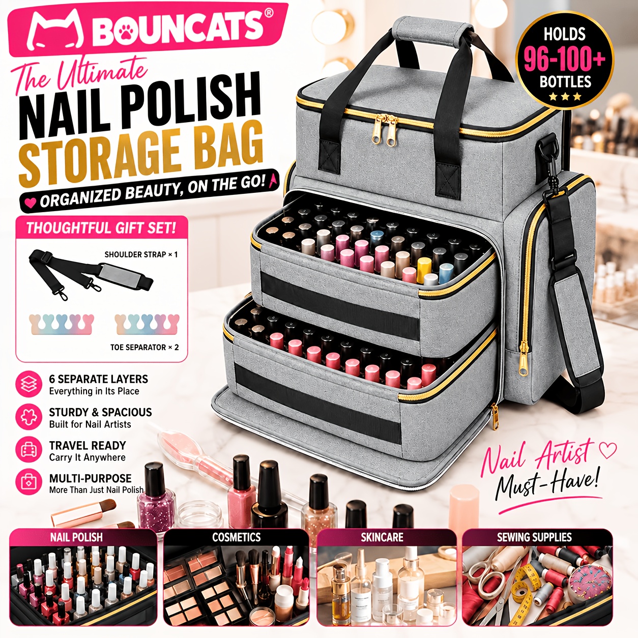 TEMU Extra-large Nail Polish Storage Bag With 6 Separate Compartments, Includes A Free Shoulder Strap. Can Hold 96 To 100+ Nail Polish Bottles.