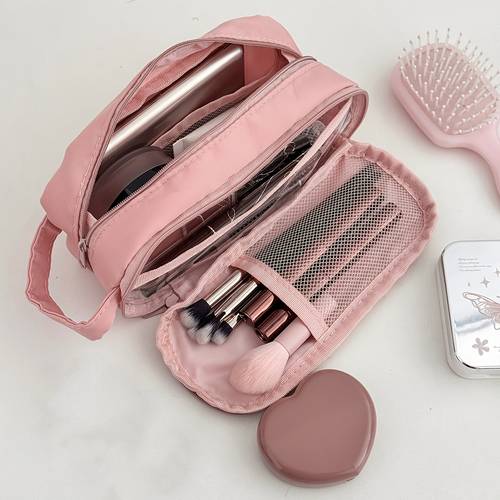 solid color nylon makeup bag stylish and with compartments for organizing cables and miscellaneous items portable cosmetic and makeup brush storage pouch for travel