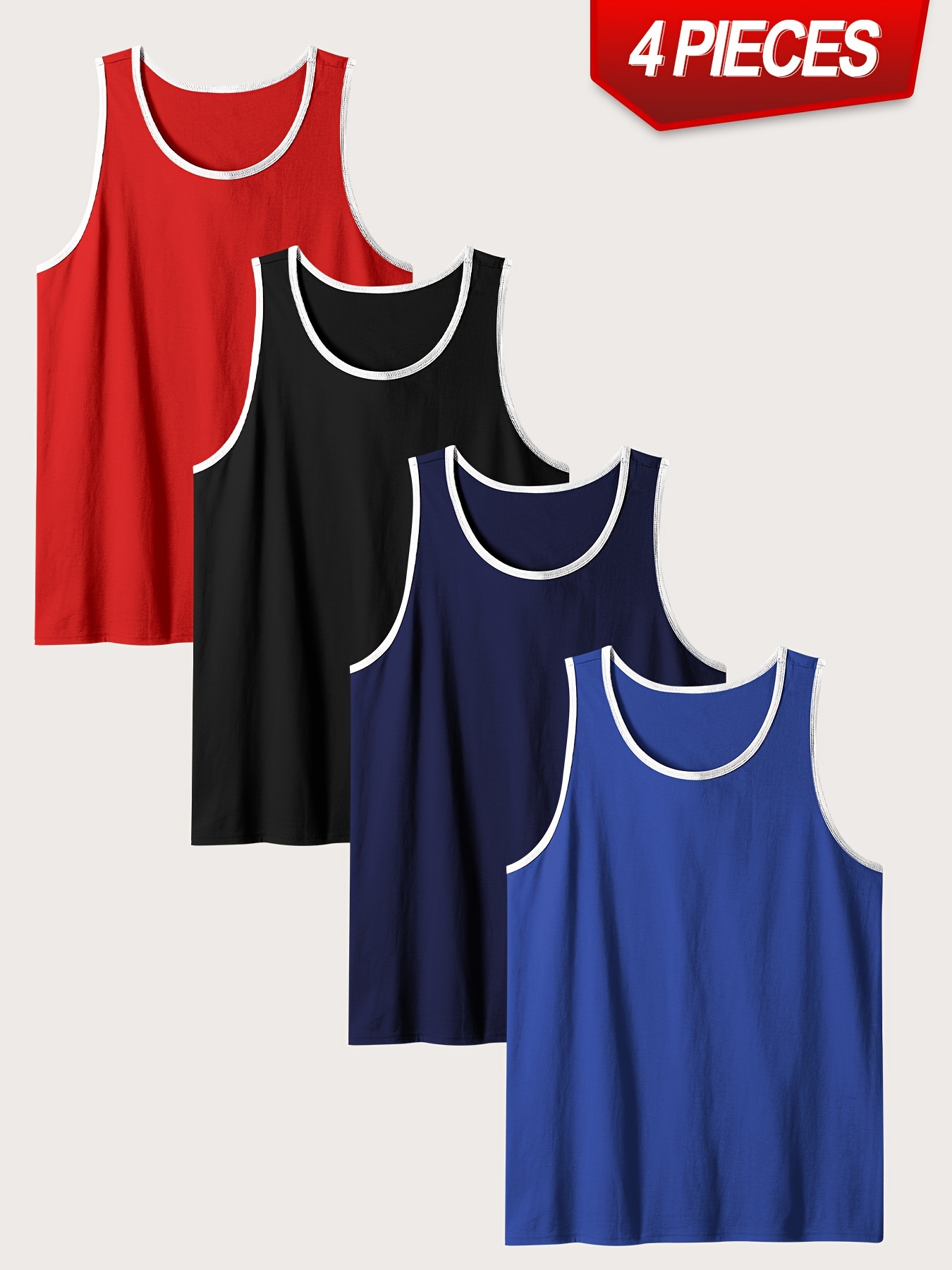 4'lü Erkek Büyük Beden V Yaka Tank Üstleri - %100 Polyester, Slight Esneklikli Düz Renk Spor ve Casual Kolsuz Gömlekler