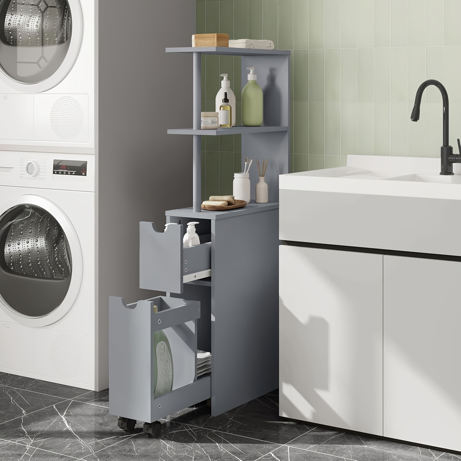1pc Bathroom Cabinet With Drawer Wheels, Open Shelves, Narrow Bathroom Vanity, Side Cabinet, Kitchen Cabinet, Multi-functional Cabinet, Light Gray.