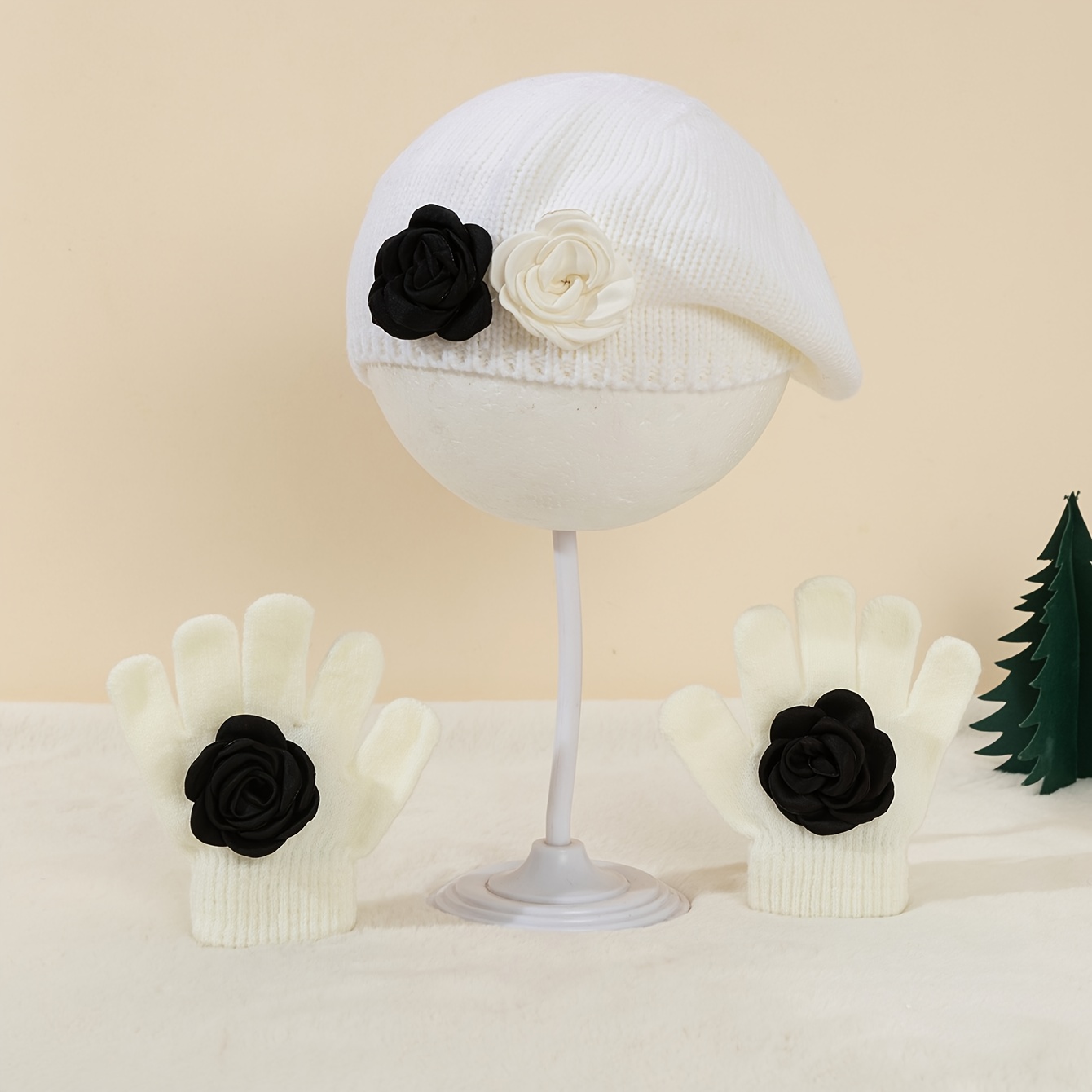2pcs Set: Girls' Ted Beret Hat With Dual Black And White Floral Pattern 3-8, 's Painter Beret Hat + Gloves, 2pcs Set
