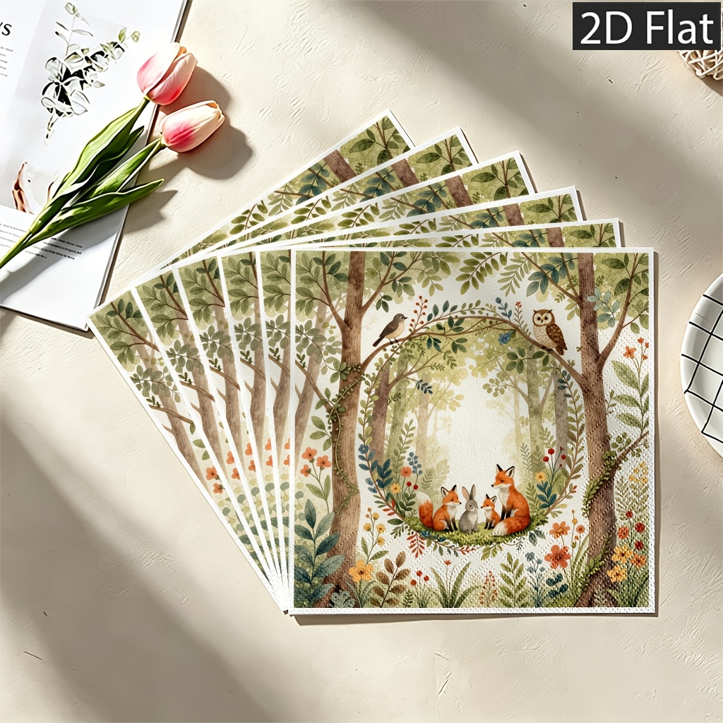 TEMU 2d Flat 20pcs Forest Leaves Flowers Surrounding Foxes And Rabbit, Disposable Paper Napkins, 2-ply For Extra Durability - Perfect For Weddings,