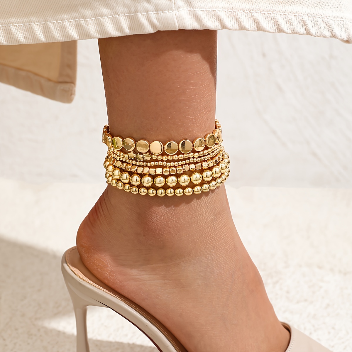 

6-piece Set Golden Beaded Stretch Anklets Set, Elegant & Sexy Summer Anklets Versatile Foot Jewelry Accessories For Women