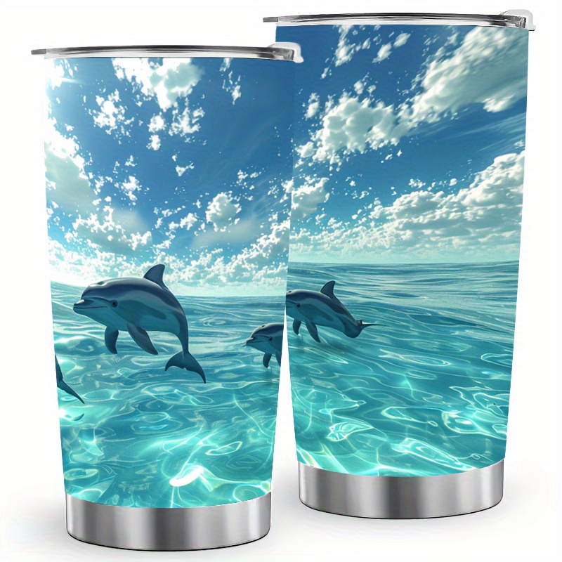 

1pc 20oz Stainless Steel Tumbler With Cover, Dolphin Pattern Vacuum Insulated Coffee Cup, Gift For Marine Animal Lovers, Travel Cup