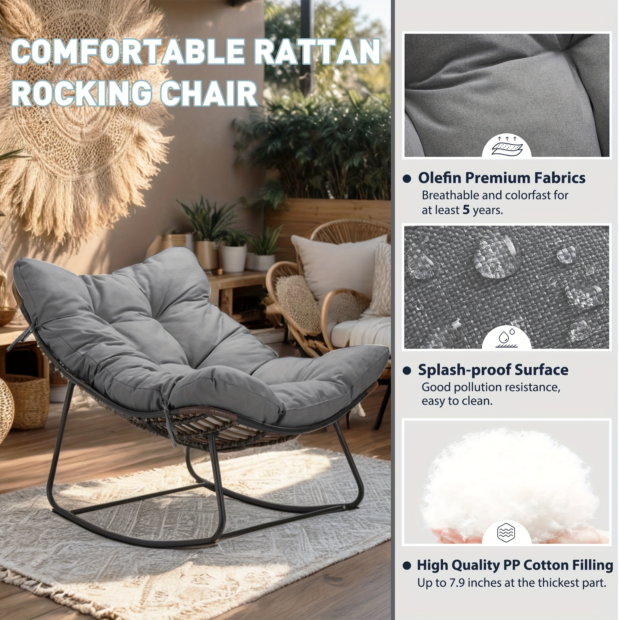 royal rocking chair outdoor rocking papasan chair with padded light grey   recliner chair oversized metal   rattan egg chair for patio porch living room details 5