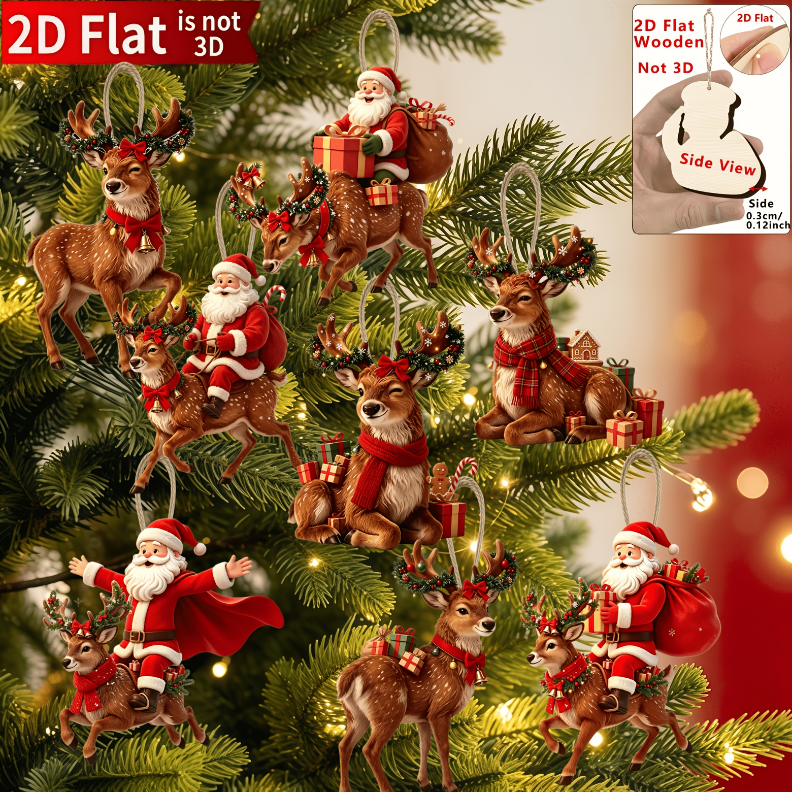 TEMU 2D, 8 piezas Serie Navideña con Diseño de Figuras de Papá Noel y , Adornos Colgantes de Madera, Juego de Decoración Colgante de Madera a -