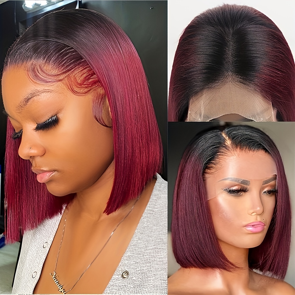 #1B/99J: Ahairbeauty Red Ombre Short Bob Straight Synthetic None Lace Hair  Wigs Dark Roots Left Part For Women Black & Burgundy(#1B/99J)