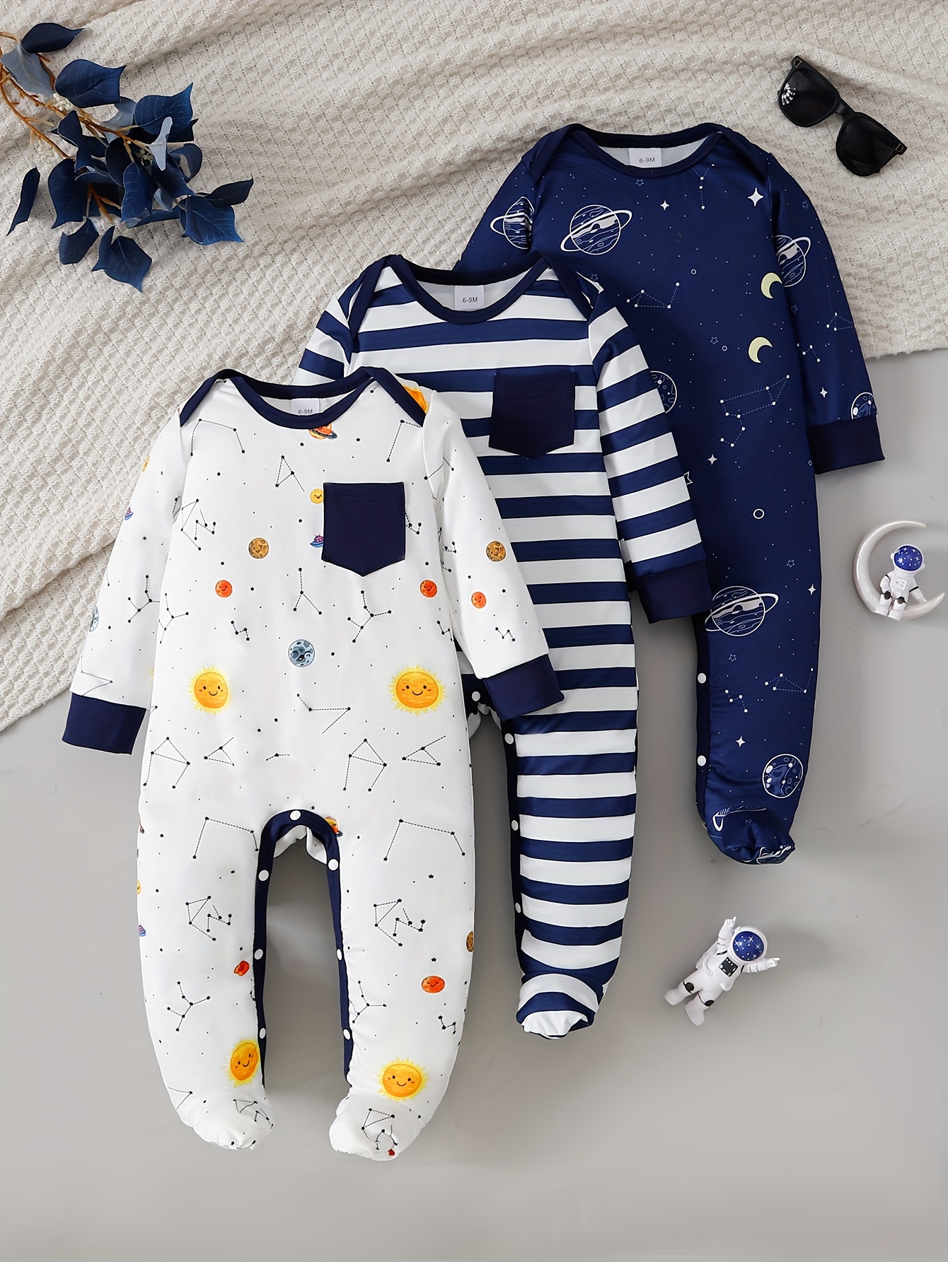 adorable 3pcs baby boys onesie set starry sky striped   prints soft polyester blend       outdoor