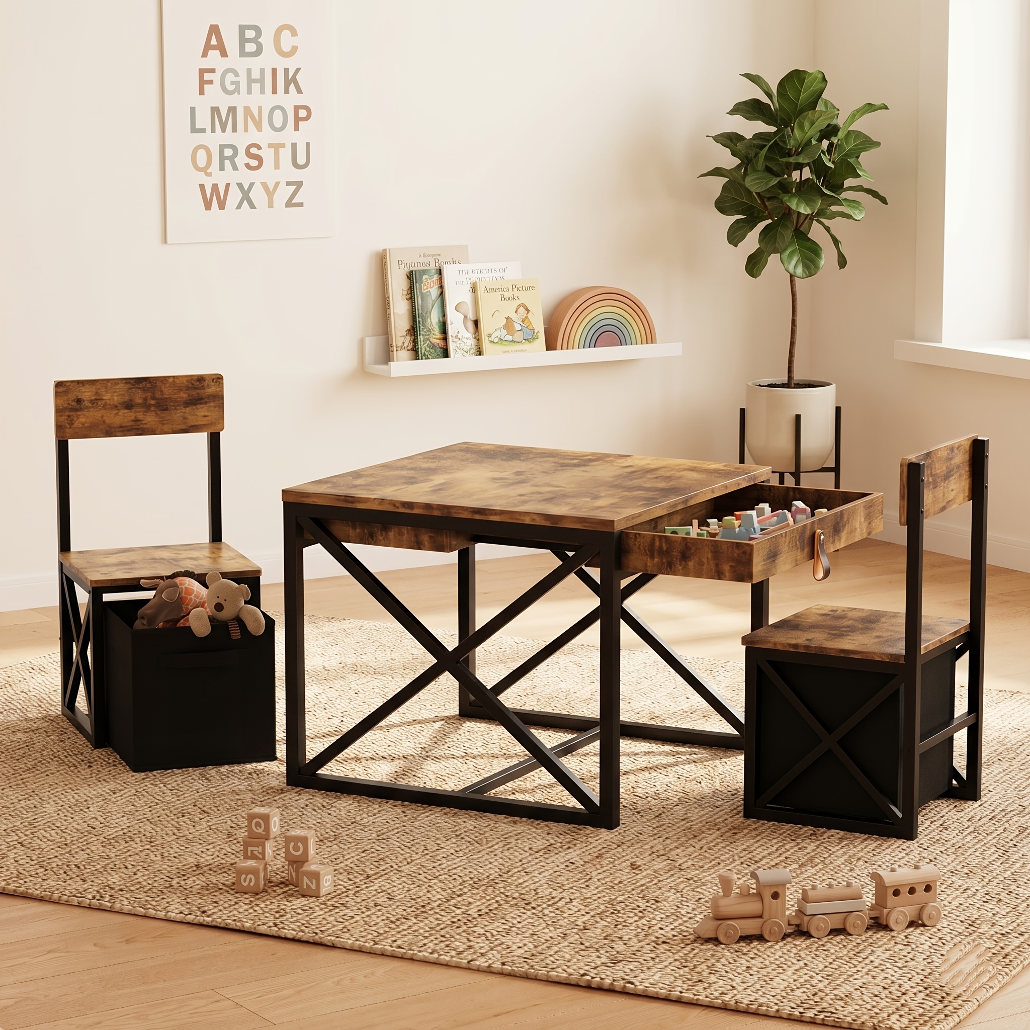 4-in-1 Kids Table And 2 Chairs Set With Storage Bins, Rustic Toddler Activity Desk For Playroom, Wooden Childrens Furniture For Crafts, Drawing & Reading