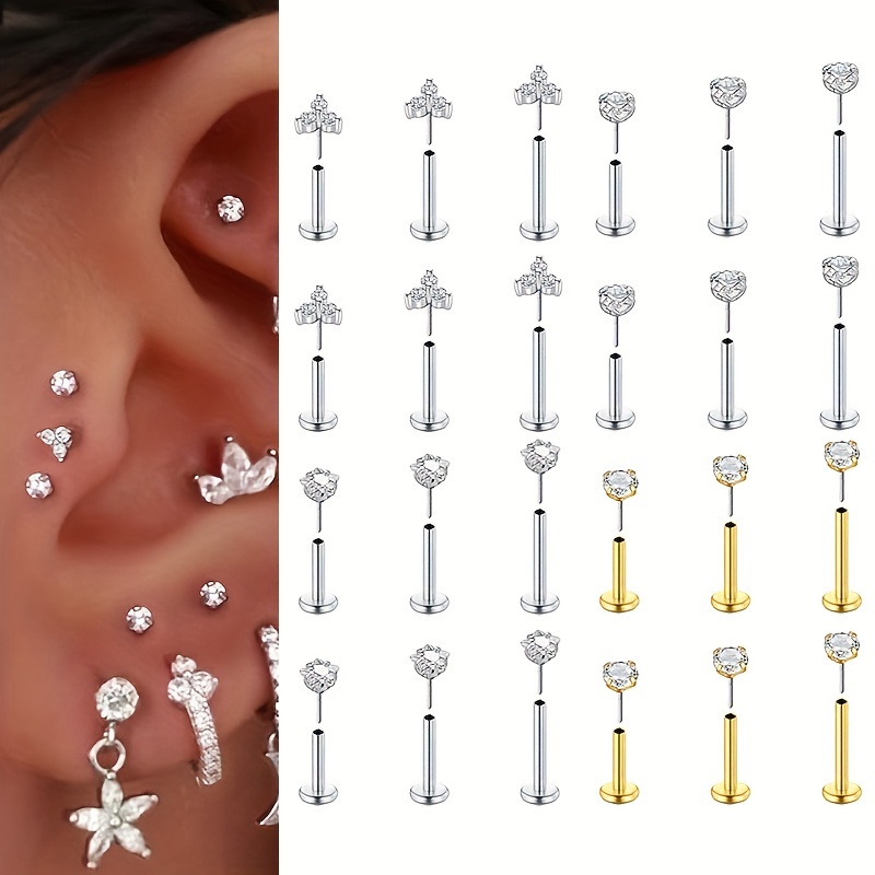 

6pcs Threadless Flat Back Earrings Stainless Steel Lip Labret Rings Studs Tragus Helix Conch Cartilage Earring Studs Piercing Jewelry For Women Men 6mm 8mm 10mm