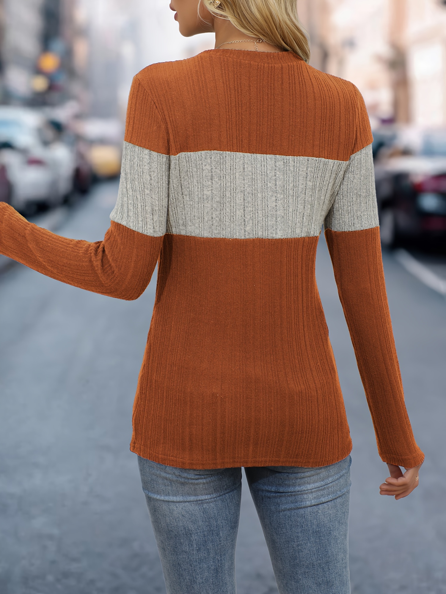 Women'S Elegant Color Block Crew Neck Top, 95% Polyester 5% Elastane Knit Fabric, Regular Length, Solid Pattern, Fall/Winter Fashion, 160g/m? Weight
