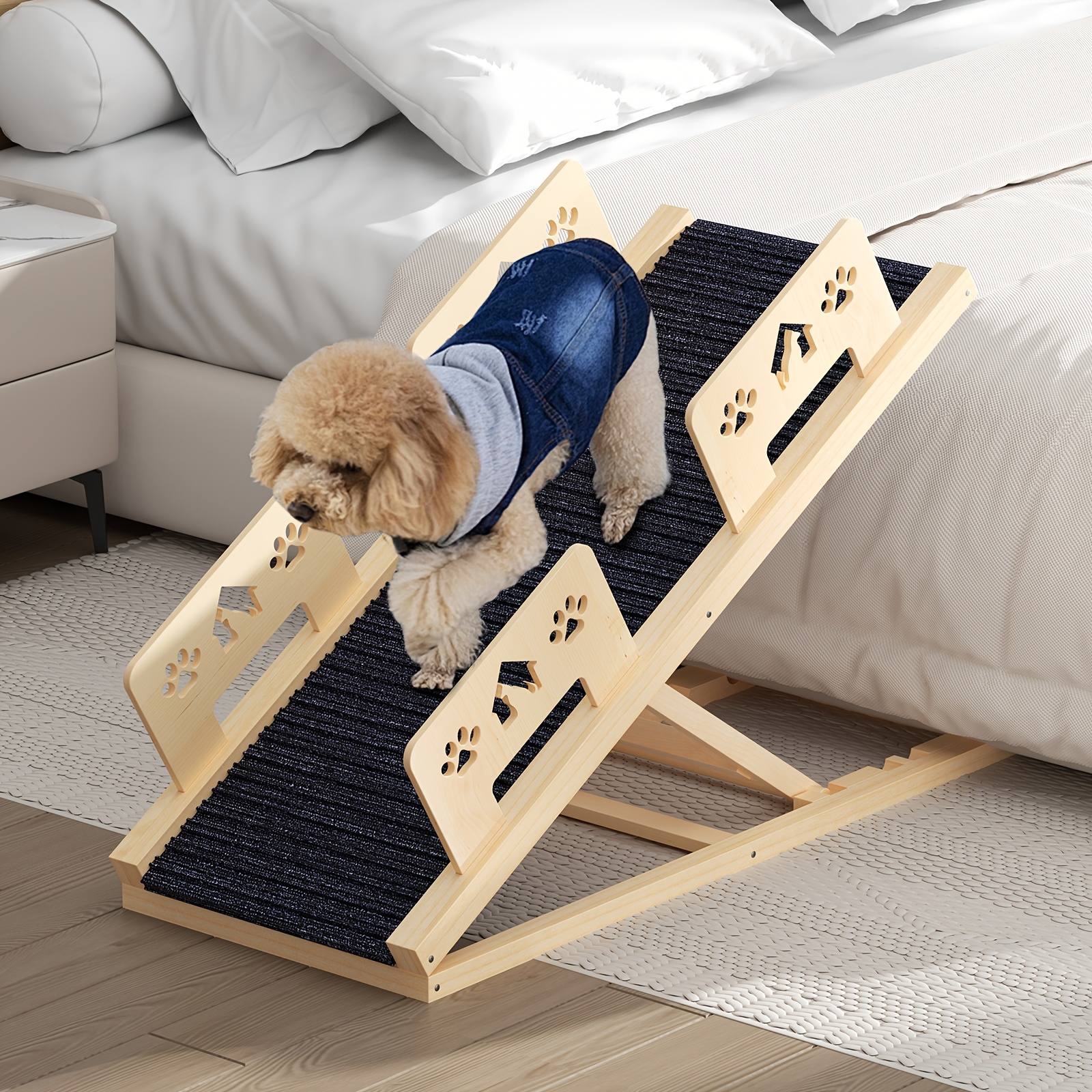 Adjustable Height Pet Ramp, 4 Height Options, Suitable For Beds And Sofas, Wooden Non-slip Dog Ladder