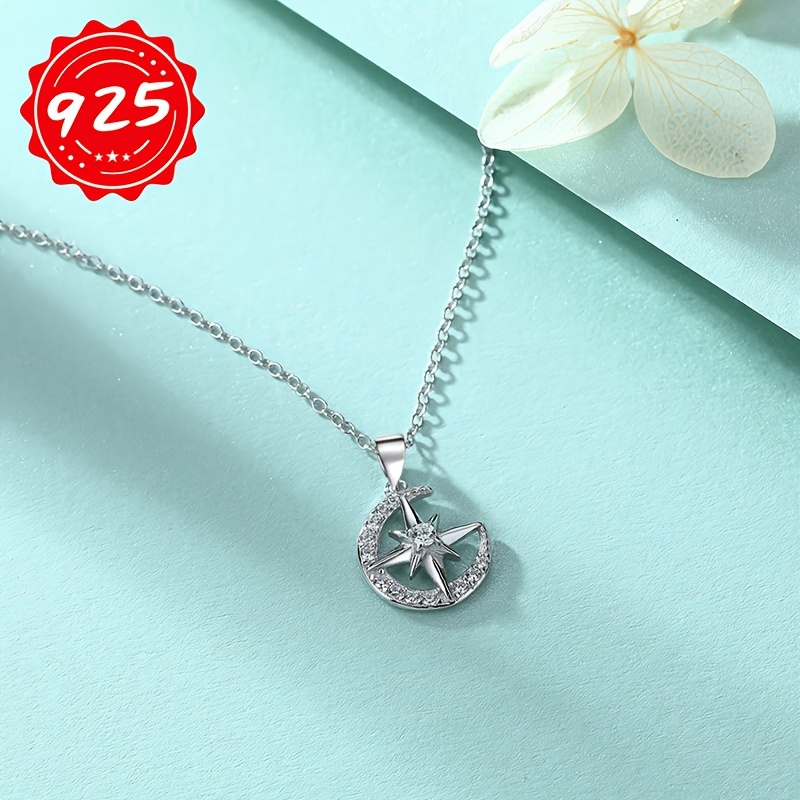 925 Silver Star Moon Pendant Necklace Hypoallergenic Single Pack