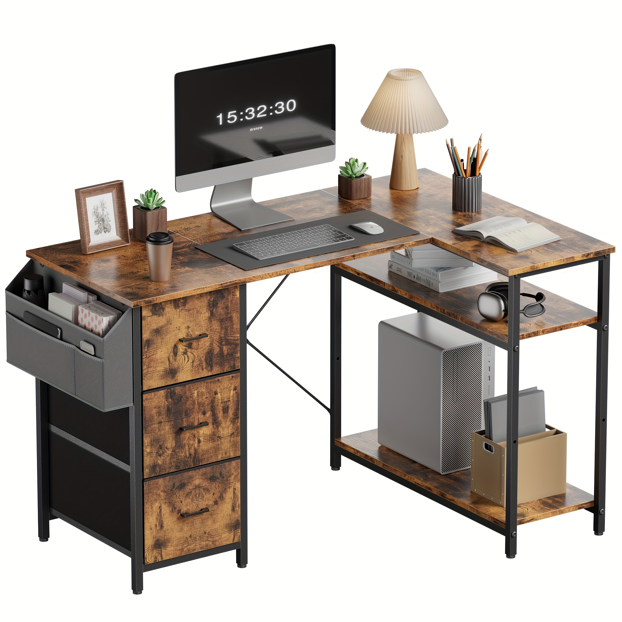 TEMU Bureau d'ordinateur Furnishia avec poches de rangement latérales, bureau de jeu avec tiroirs et sac de rangement, bureau d'angle à étagère de