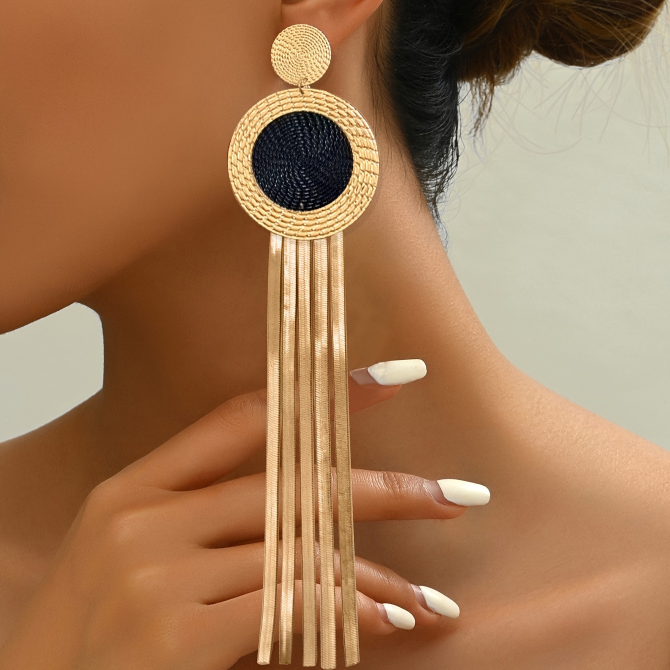 

1 Pair Of Chic Vintage-inspired Geometric Tassel Earrings With Pattern - Golden & Navy Blue, Stainless Steel Posts, All- Piece For , Novelty Earrings