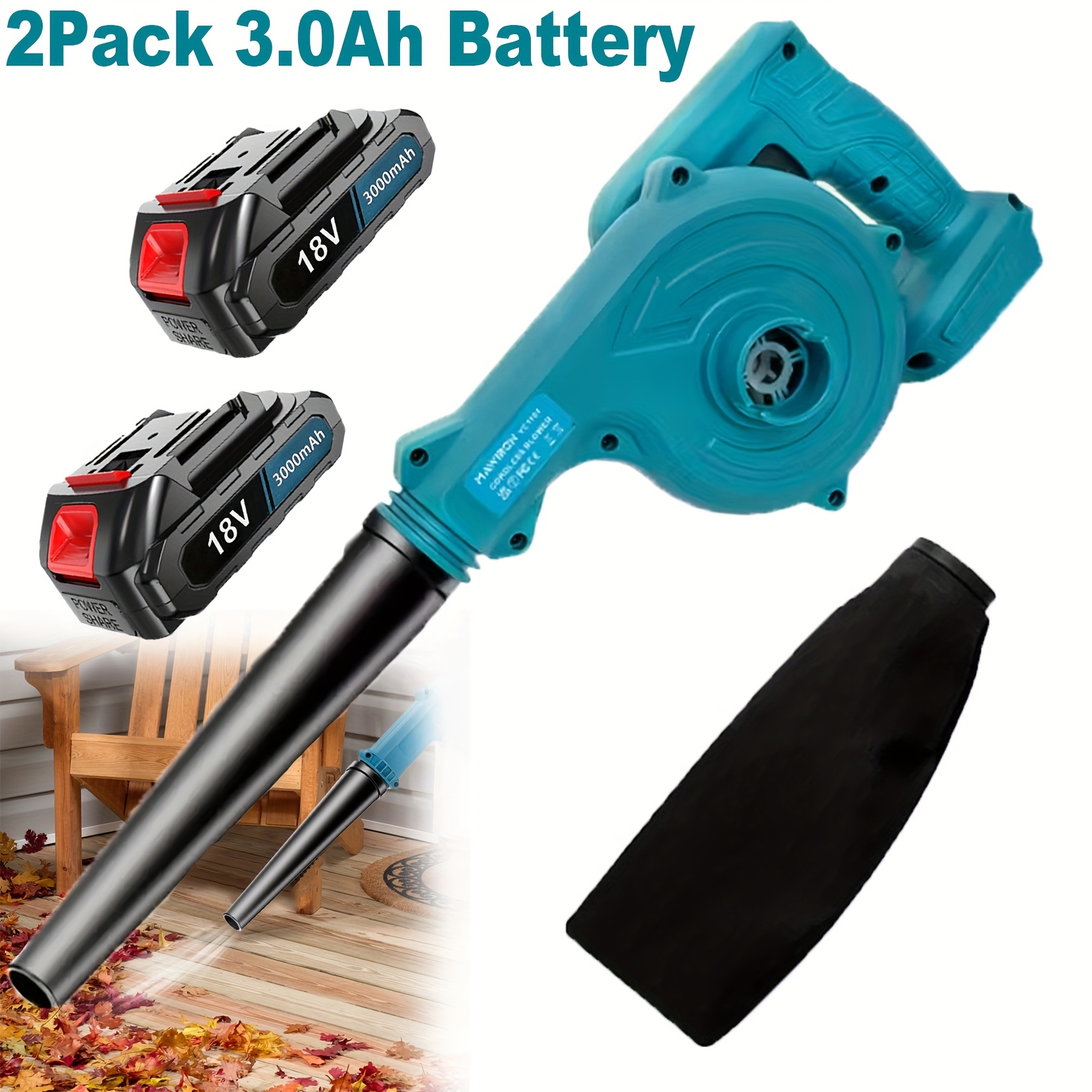 TEMU Cordless Leaf Blower With 2x 3000mah Lithium-ion Batteries - Heavy-duty Electric Leaf Blower, Lightweight Garden Blower With Extension Tubes,