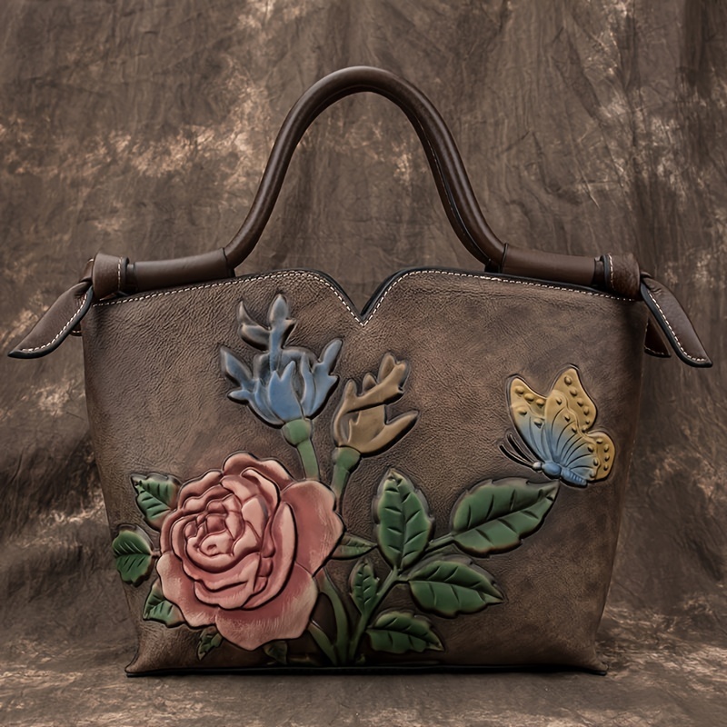

Sac à main vintage en cuir véritable pour femme, grand sac fourre-tout à bandoulière et à bandoulière, sac à main décontracté en cuir à motif floral avec motif rose et papillon