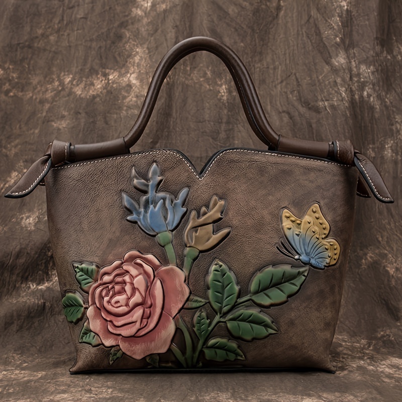 

Vintage Style Genuine Leather Handbag For Women, Large Capacity Shoulder & Crossbody Tote, Casual Floral Leather Purse With Rose And Butterfly Design