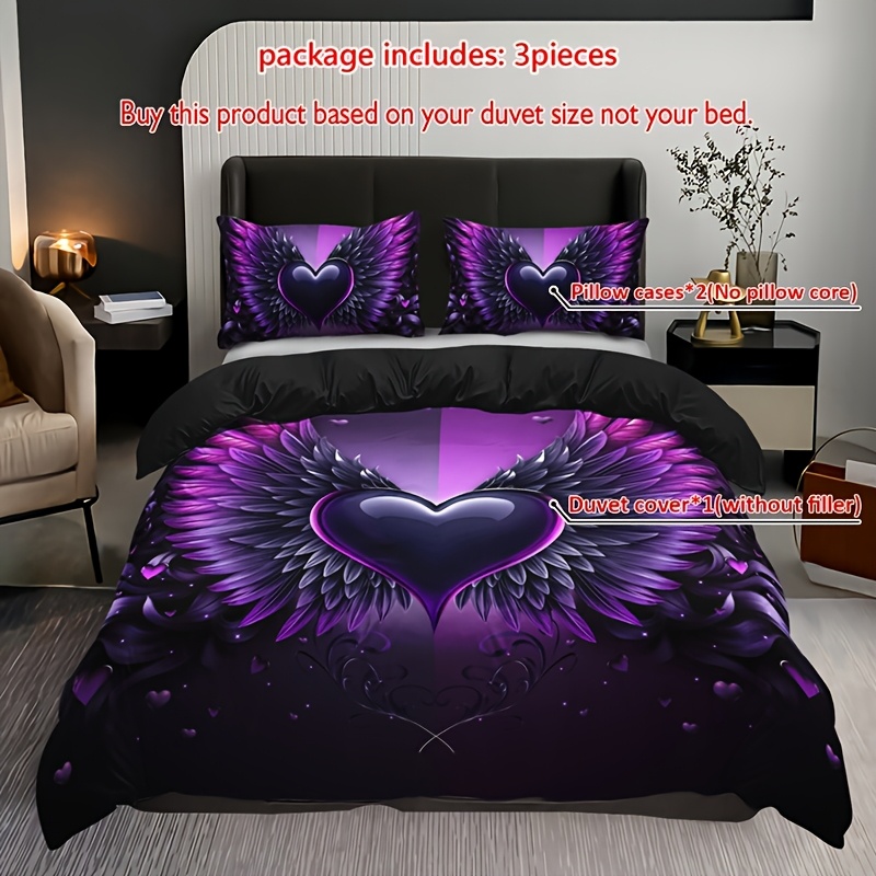 3pcs Heart Gradient Purple Wings Duvet Cover Set, 1 Duvet Cover + 2 Pillowcases (pillows Not Included), High-definition Print For Home And Dormitory