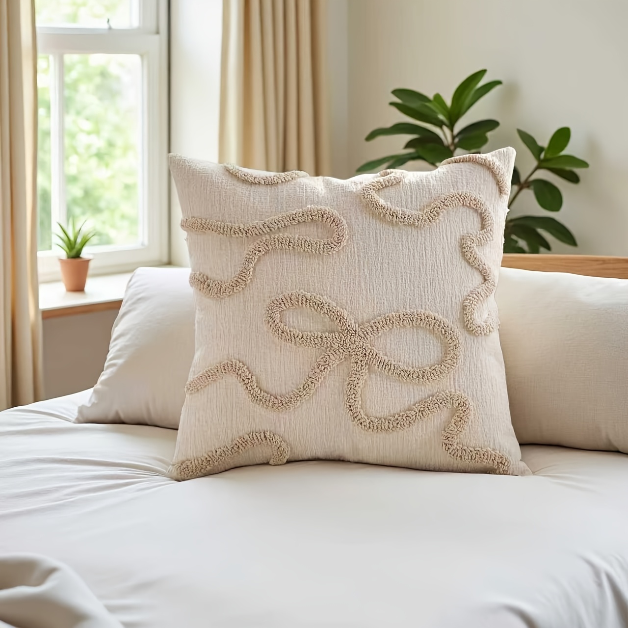 TEMU 1pc Light Luxury Minimalist Bow Line Embroidery Pillowcase, Loop Pile Three-dimensional Embroidery Home Decor, Ins-style