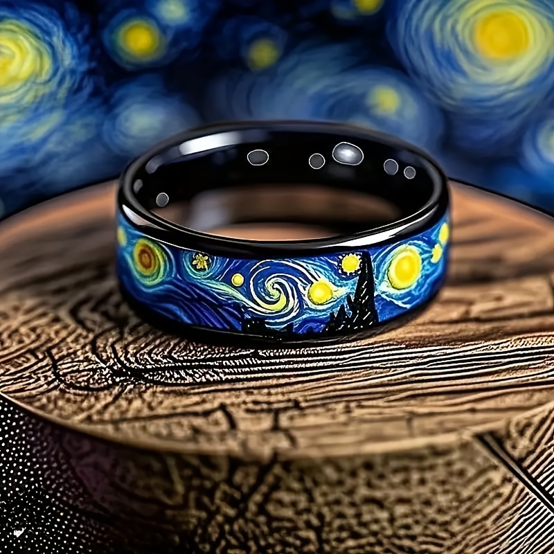TEMU Men's 8mm 304 304l Stainless Steel Ring-a Van 's Starry Night, With Carbonized Black Surface, , Retro-style Wedding And Daily Jewelry, For