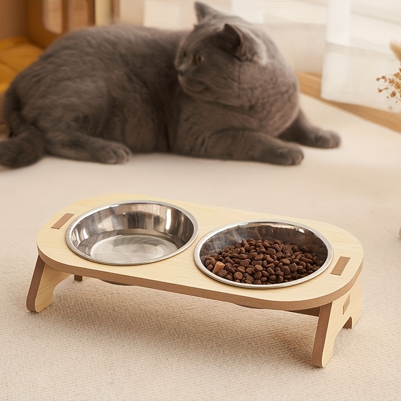 

Elevated Cat Feeder Stand With Single/double Stainless Steel Feeding Bowl, Raised Tilted Wooden Cat Food And Water Bowl Stand For Neck Protection