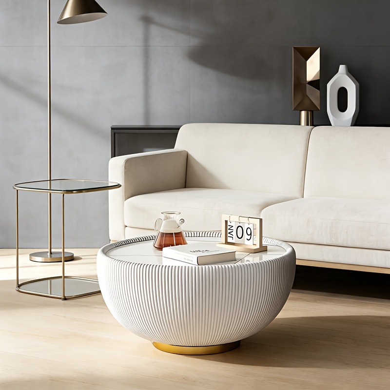 Image of Modern Round Coffee Table With White Sintered Top & Metal Base - Scratch-resistant - Table, Low-profile Round Design Suitable For Living Room, Home, Office - Assembly, Metal Frame & Plate